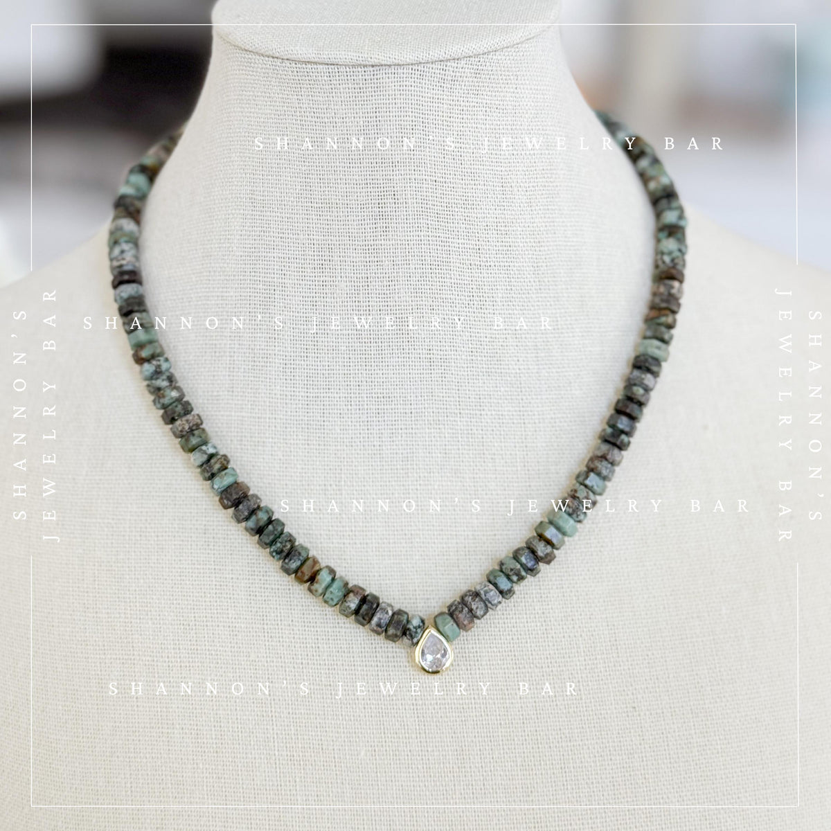 African Turquoise Jasper Necklace, Green Heishi Beads, CZ Teardrop Pendant, 18 Inch Handmade Gemstone Jewelry