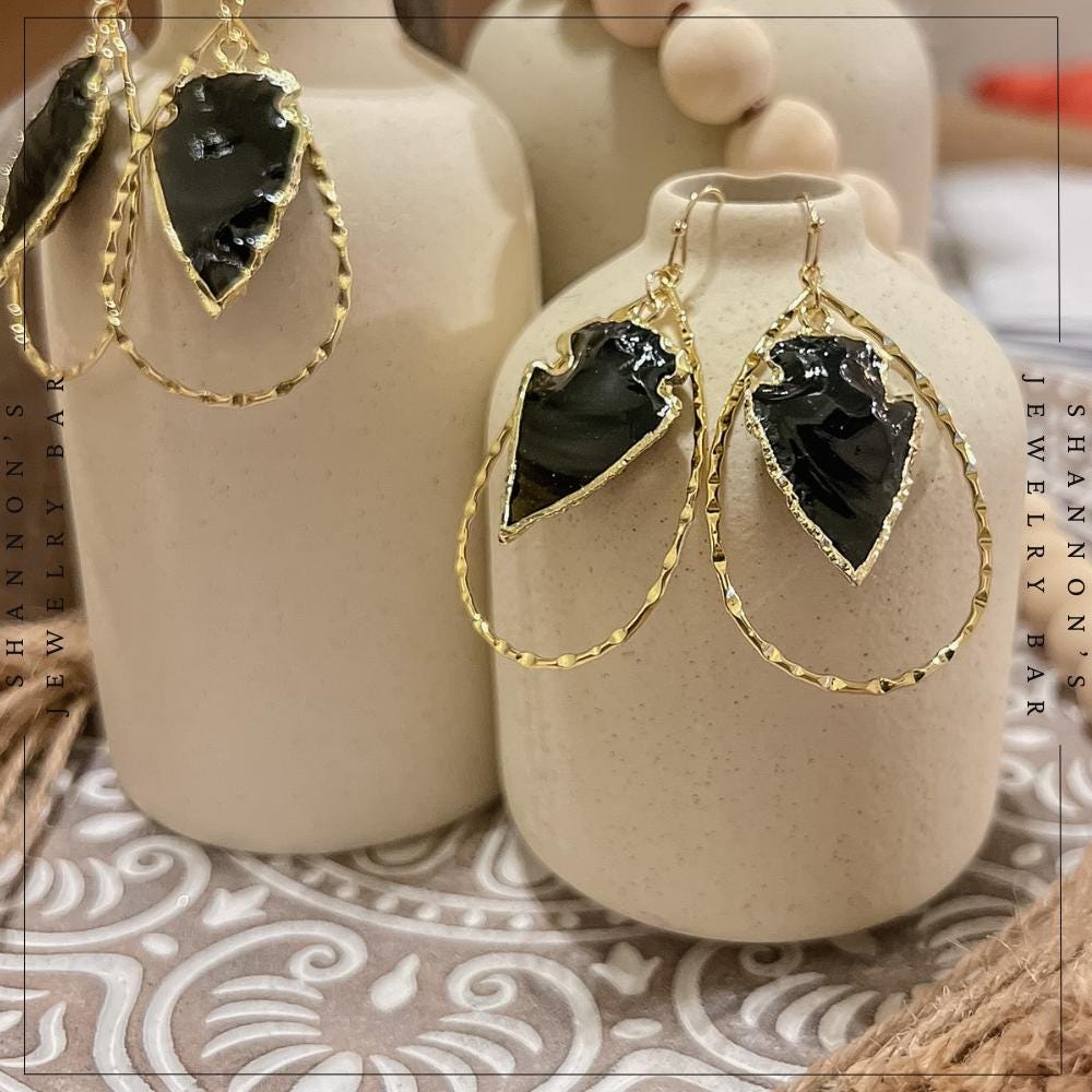 Handmade 18K Gold Plated Black Obsidian Arrowhead Hoop Earrings
