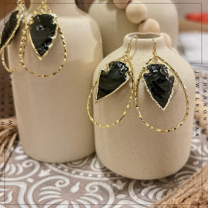 Handmade 18K Gold Plated Black Obsidian Arrowhead Hoop Earrings