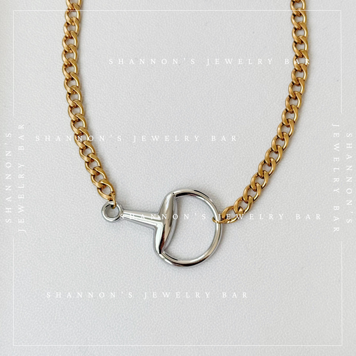 Mixed Metal Horsebit Necklace, Gold Cuban Link Chain Necklace, Silver Horsebit Statement Necklace, Waterproof Stainless Steel Jewelry