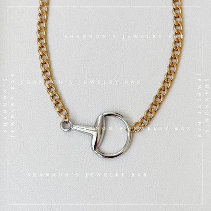 Mixed Metal Horsebit Necklace, Gold Cuban Link Chain Necklace, Silver Horsebit Statement Necklace, Waterproof Stainless Steel Jewelry