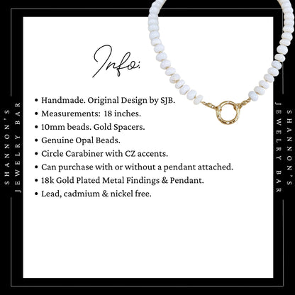 White Opal Beaded Necklace, Genuine Opal Gemstone Necklace, Gold Carabiner Charm Holder Necklace, Fish Pendant Necklace