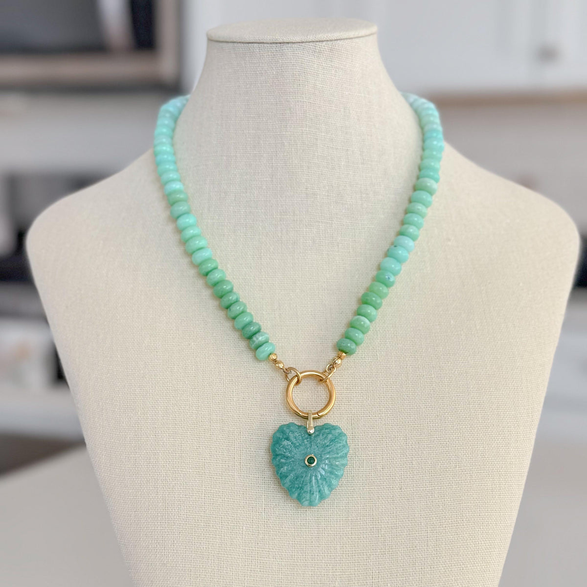 Peruvian Opal Necklace, Blue Opal Gemstone Necklace, Amazonite Heart Pendant, Gold Carabiner Necklace, Handmade Gemstone Jewelry