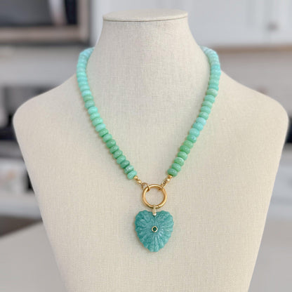 Peruvian Opal Necklace, Blue Opal Gemstone Necklace, Amazonite Heart Pendant, Gold Carabiner Necklace, Handmade Gemstone Jewelry