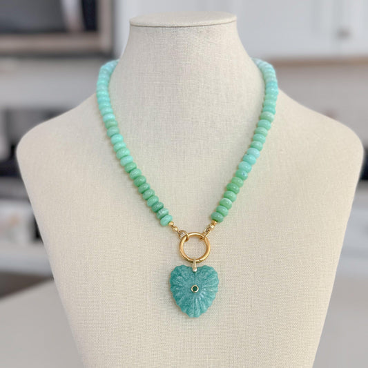 Peruvian Opal Necklace, Blue Opal Gemstone Necklace, Amazonite Heart Pendant, Gold Carabiner Necklace, Handmade Gemstone Jewelry