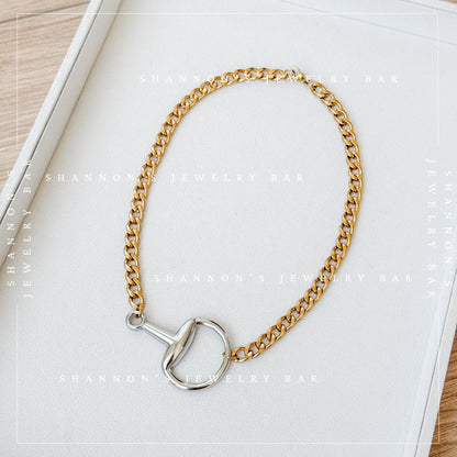 Mixed Metal Horsebit Necklace, Gold Cuban Link Chain Necklace, Silver Horsebit Statement Necklace, Waterproof Stainless Steel Jewelry