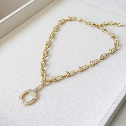 14k Gold Plated Industrial Chain Horsebit Necklace, CZ Pave Pendant Necklace, Chunky Gold Hardware Link Chain Necklace, Equestrian Jewelry,