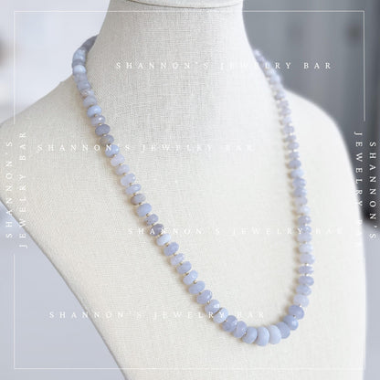 Turkish Chalcedony Necklace, Blue Gemstone Beaded Necklace, Genuine Chalcedony Jewelry, Faceted Stone Necklace, Gold Accent Necklace