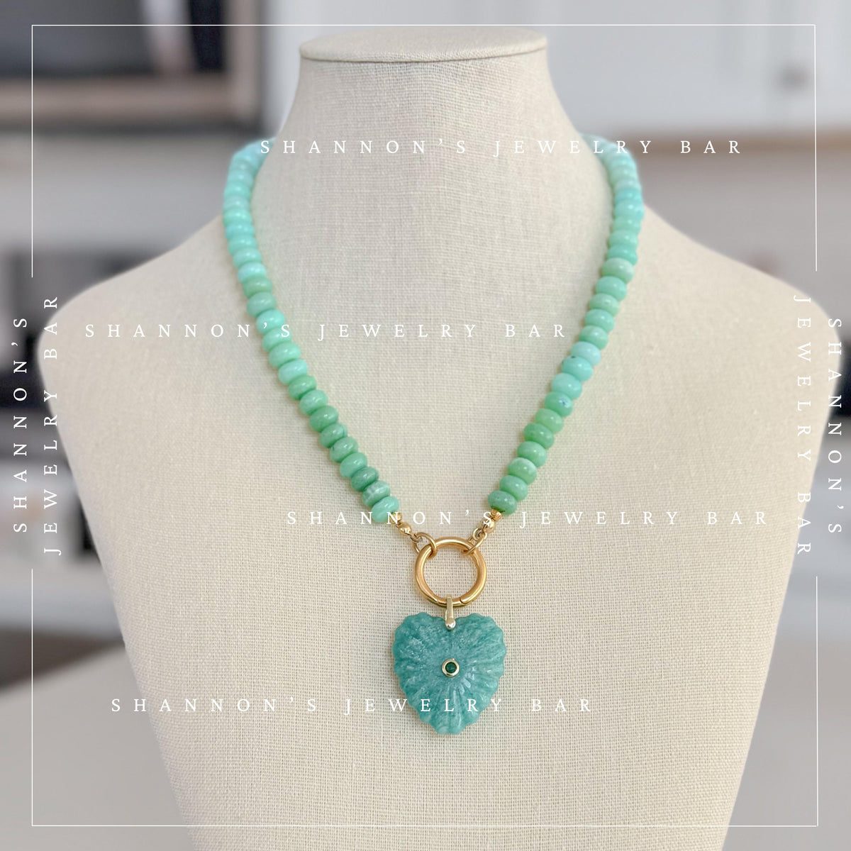 Peruvian Opal Necklace, Blue Opal Gemstone Necklace, Amazonite Heart Pendant, Gold Carabiner Necklace, Handmade Gemstone Jewelry
