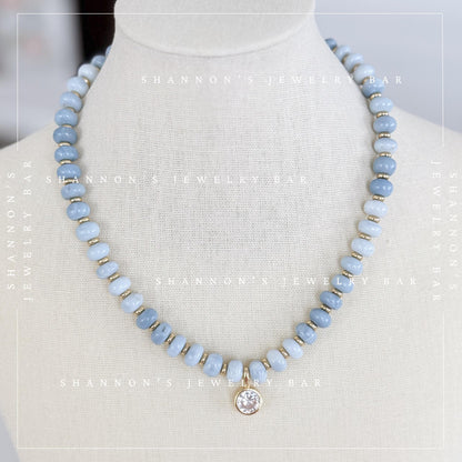 Blue Opal Necklace, Genuine Opal Beaded Necklace, Blue Gemstone Necklace, Gold CZ Pendant Necklace, Handmade Beaded Jewelry