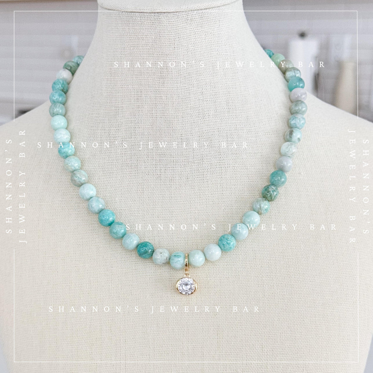 Handmade Amazonite Beaded Necklace, Blue Green Gemstone Necklace with Oval CZ Pendant, Gold Statement Jewelry, Gift for Her