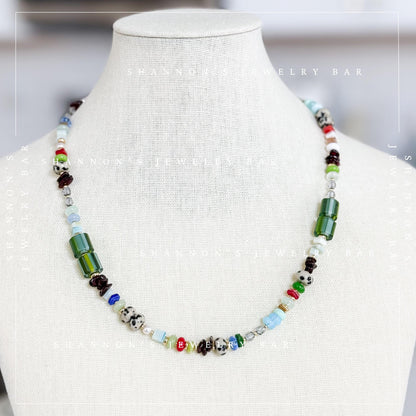 Bead Soup Necklace, Colorful Mixed Gemstone and Glass Beaded Necklace, 18 Inch One of a Kind Statement Jewelry