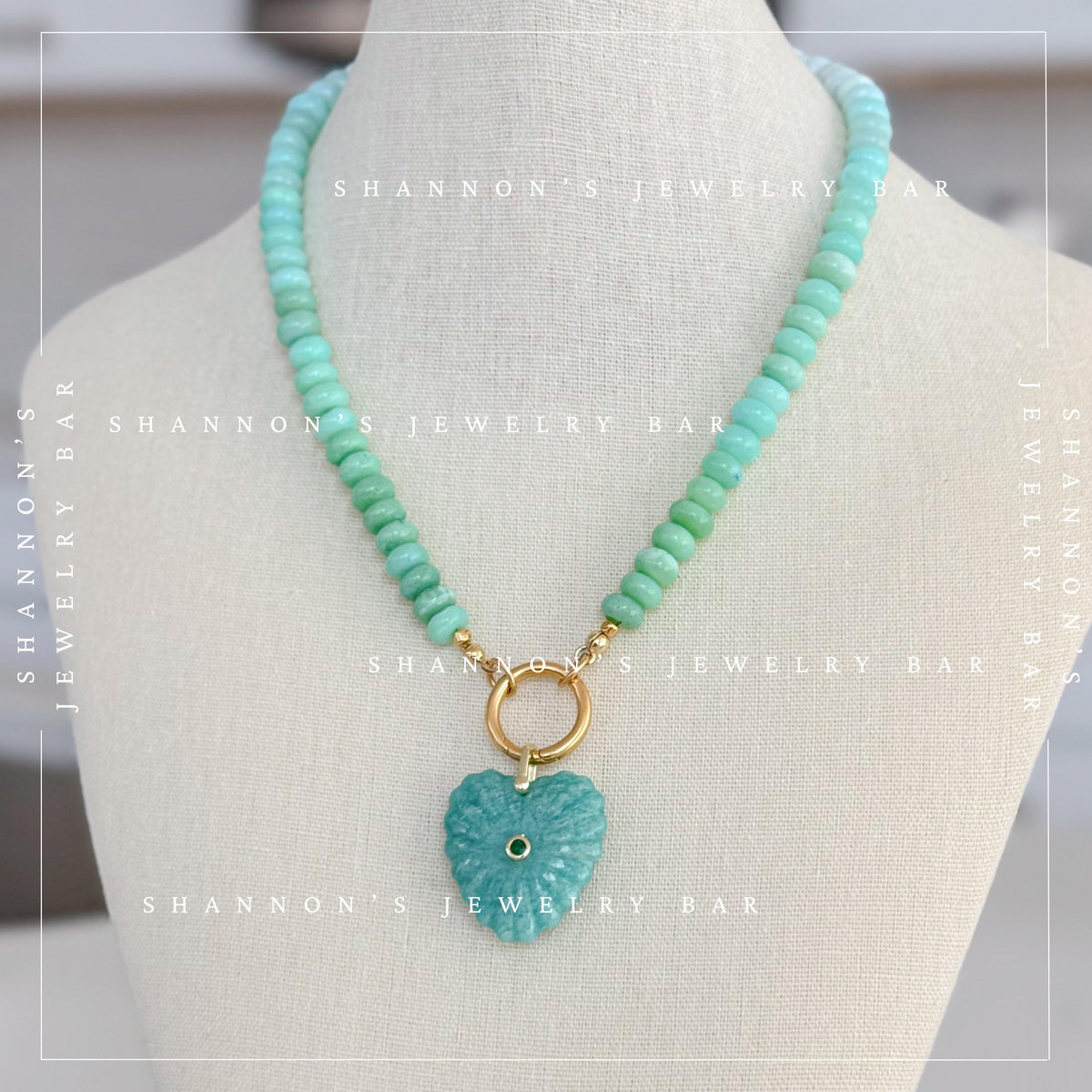 Peruvian Opal Necklace, Blue Opal Gemstone Necklace, Amazonite Heart Pendant, Gold Carabiner Necklace, Handmade Gemstone Jewelry