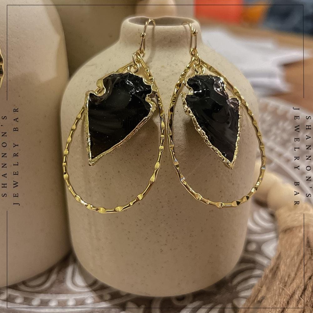 Handmade 18K Gold Plated Black Obsidian Arrowhead Hoop Earrings