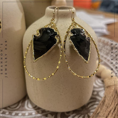 Handmade 18K Gold Plated Black Obsidian Arrowhead Hoop Earrings