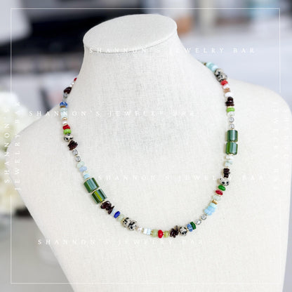 Bead Soup Necklace, Colorful Mixed Gemstone and Glass Beaded Necklace, 18 Inch One of a Kind Statement Jewelry