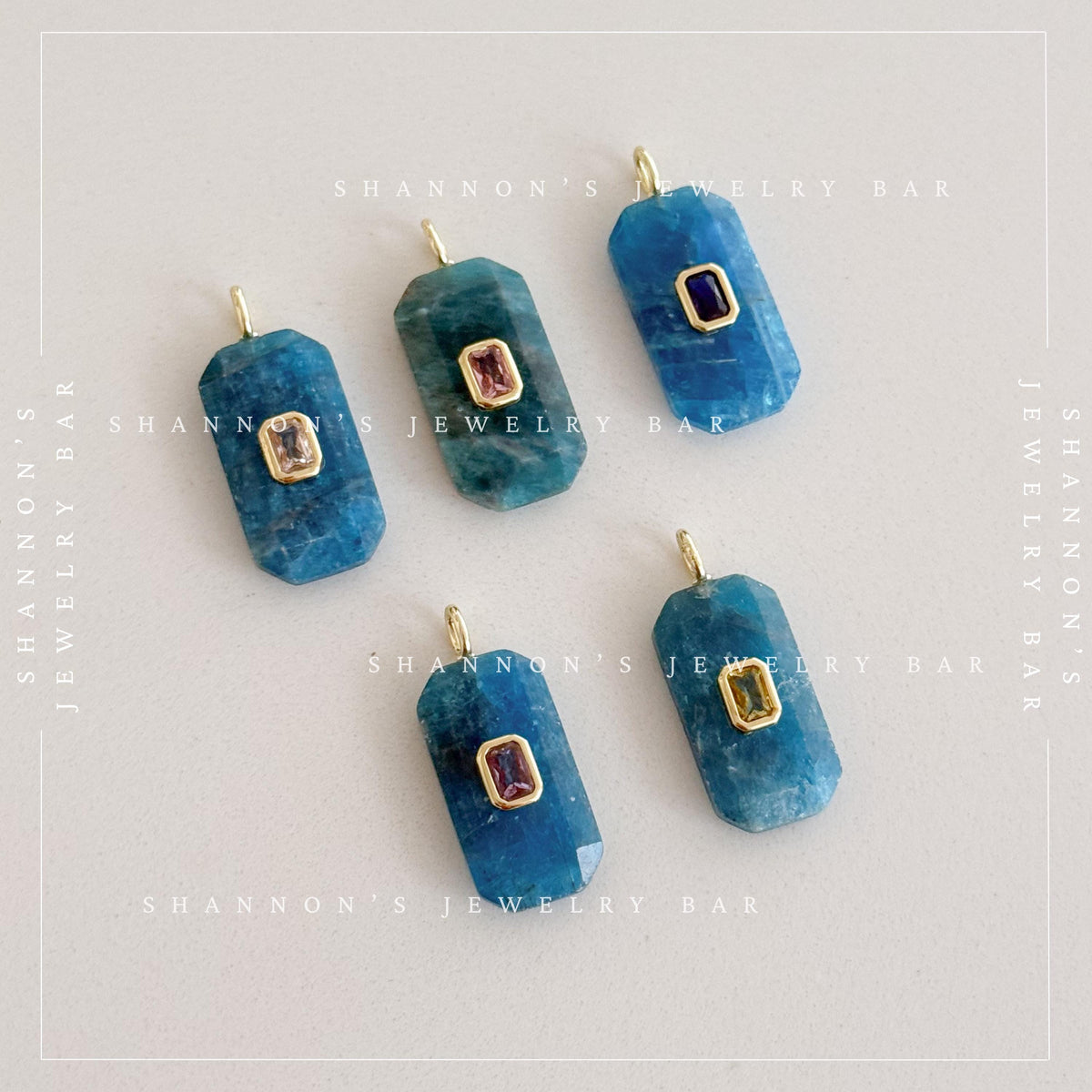 Natural Apatite Pendant, Blue Faceted Gemstone Charm with Gold CZ Detail, Rectangle Necklace Focal, Jewelry Making Supply