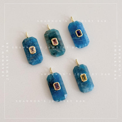 Natural Apatite Pendant, Blue Faceted Gemstone Charm with Gold CZ Detail, Rectangle Necklace Focal, Jewelry Making Supply