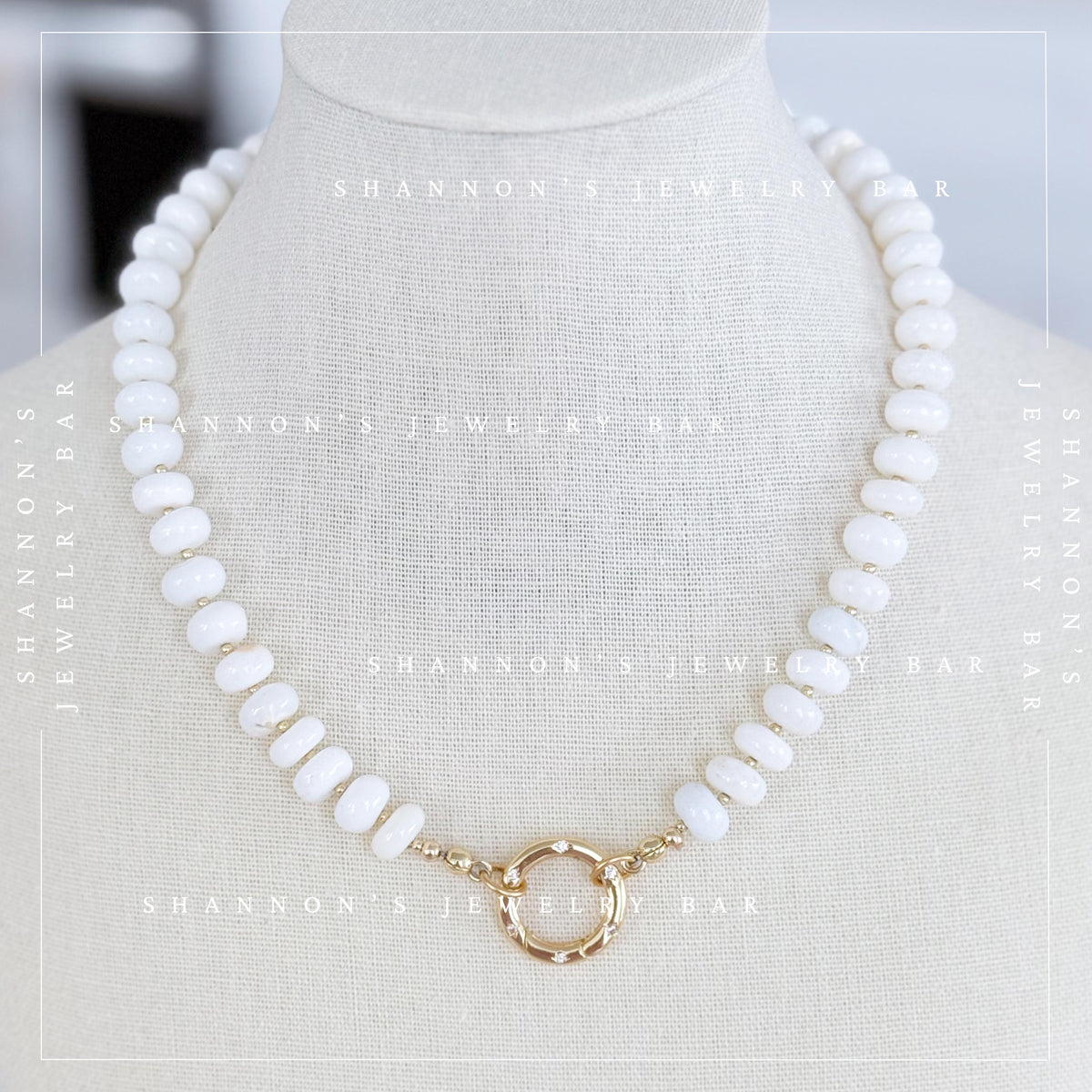 White Opal Beaded Necklace, Genuine Opal Gemstone Necklace, Gold Carabiner Charm Holder Necklace, Fish Pendant Necklace