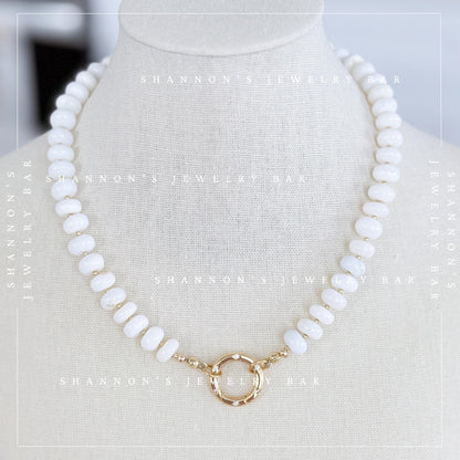 White Opal Beaded Necklace, Genuine Opal Gemstone Necklace, Gold Carabiner Charm Holder Necklace, Fish Pendant Necklace