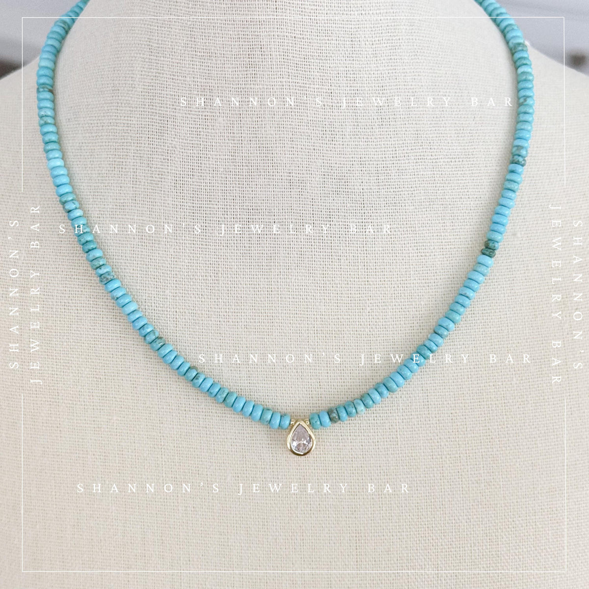 Turquoise Heishi Bead Necklace with CZ Pear Charm, Blue Stone Necklace, Gold Pendant Jewelry, 18 Inch Handmade