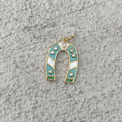 Turquoise Horseshoe Charm, Lucky Horseshoe Pendant, Western Charm Pendant, Horse Lover Jewelry, Mother of Pearl Horseshoe Charm