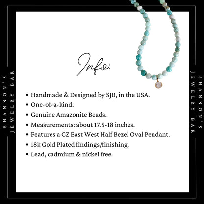 Handmade Amazonite Beaded Necklace, Blue Green Gemstone Necklace with Oval CZ Pendant, Gold Statement Jewelry, Gift for Her