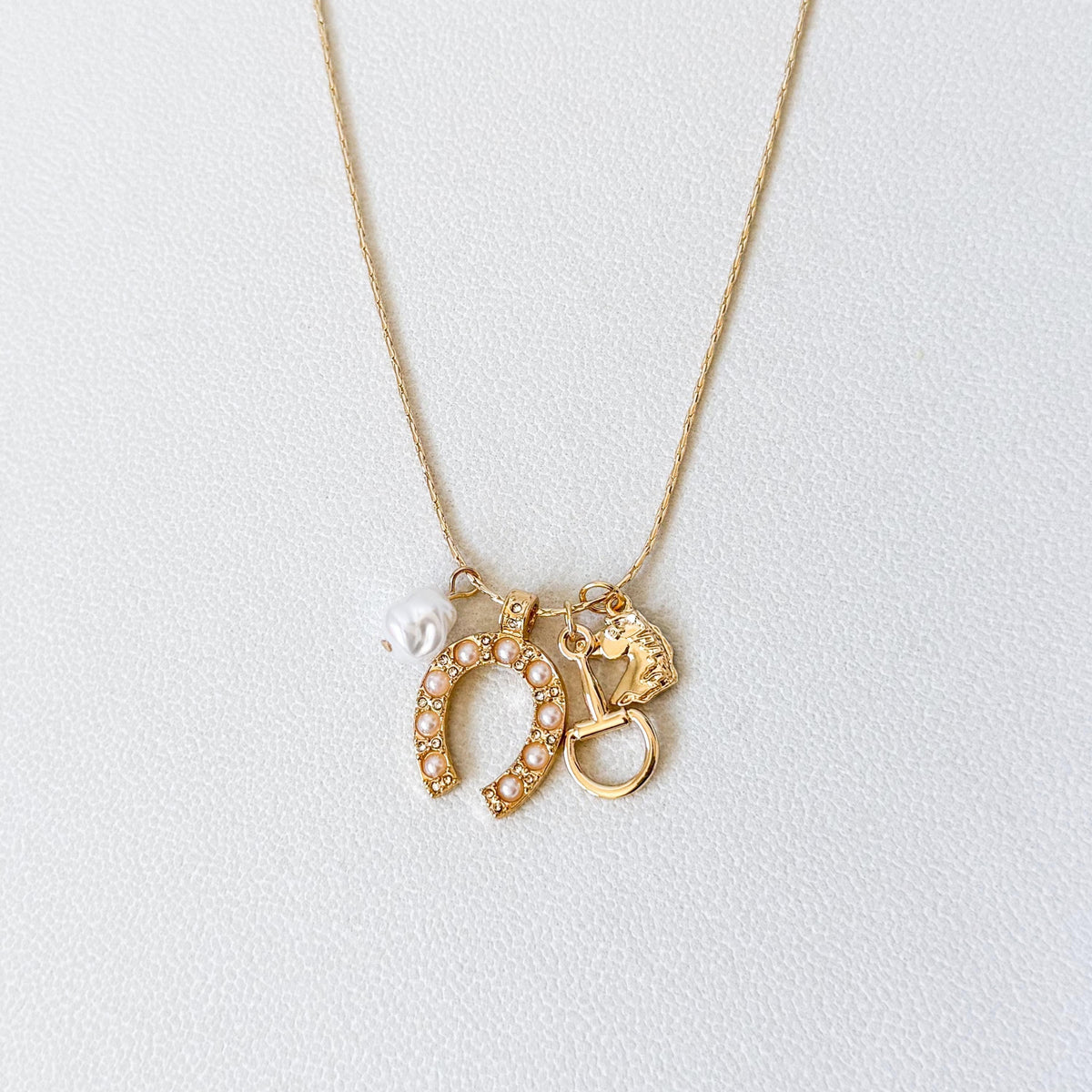 Western Charm Necklace, Gold Horseshoe Necklace, Horse Charm Necklace, Coastal Cowgirl Jewelry Equestrian Necklace, Pearl Charm Necklace