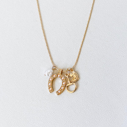 Western Charm Necklace, Gold Horseshoe Necklace, Horse Charm Necklace, Coastal Cowgirl Jewelry Equestrian Necklace, Pearl Charm Necklace
