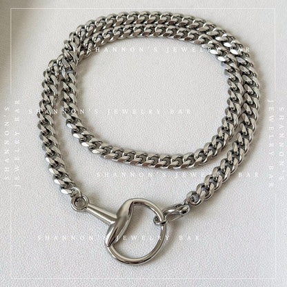 Chunky Silver Horsebit Necklace, Stainless Steel Cuban Link Chain Necklace, Waterproof Tarnish Proof Statement Chain, Equestrian Jewelry