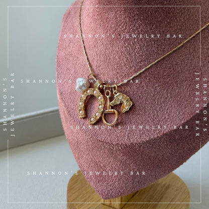 Western Charm Necklace, Gold Horseshoe Necklace, Horse Charm Necklace, Coastal Cowgirl Jewelry Equestrian Necklace, Pearl Charm Necklace
