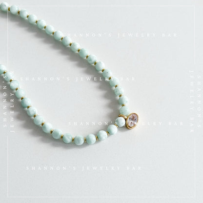 Green Moonstone Beaded Necklace, Genuine Green Moonstone Necklace, Oval CZ Pendant Necklace, Handmade Gemstone Necklace, Gold Beaded Jewelry