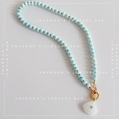 Peruvian Opal Necklace, Blue Opal Beaded Necklace, Gemstone Carabiner Charm Necklace, White Quartz Shell Pendant, Handmade Jewelry