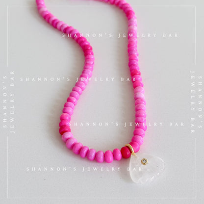 Pink Peruvian Opal Necklace, Quartz Shell Pendant Necklace, Handmade Gemstone Beaded Necklace, Coastal Jewelry, Pink Statement Necklace