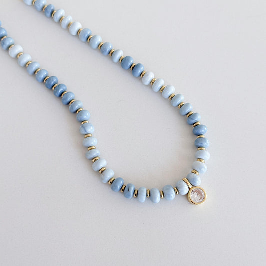 Blue Opal Necklace, Genuine Opal Beaded Necklace, Blue Gemstone Necklace, Gold CZ Pendant Necklace, Handmade Beaded Jewelry