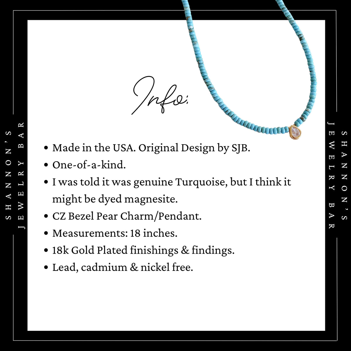 Turquoise Heishi Bead Necklace with CZ Pear Charm, Blue Stone Necklace, Gold Pendant Jewelry, 18 Inch Handmade