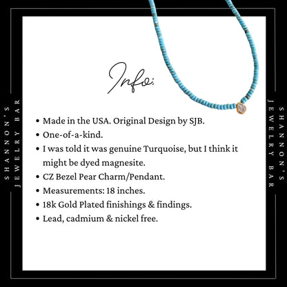Turquoise Heishi Bead Necklace with CZ Pear Charm, Blue Stone Necklace, Gold Pendant Jewelry, 18 Inch Handmade