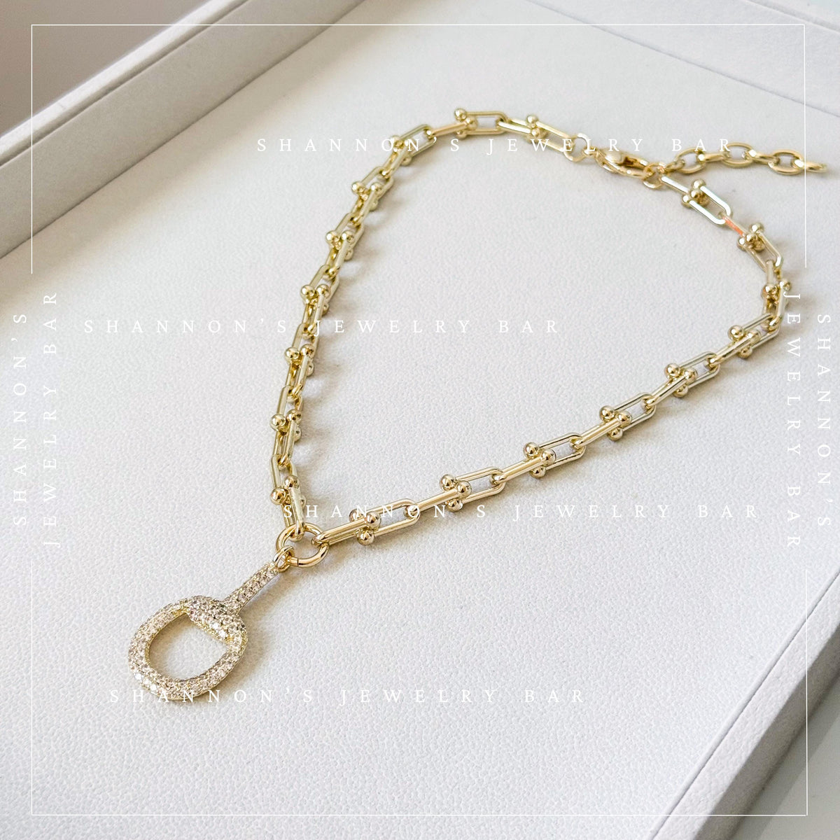 14k Gold Plated Industrial Chain Horsebit Necklace, CZ Pave Pendant Necklace, Chunky Gold Hardware Link Chain Necklace, Equestrian Jewelry,