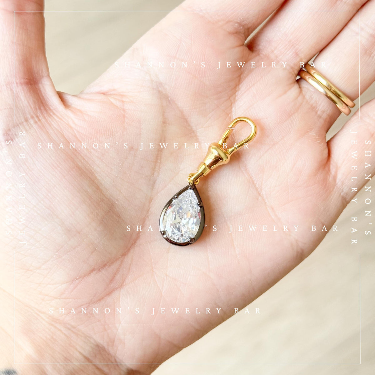 Two Tone Pear CZ Pendant Charm with Gold Clasp, Black Rhodium Silver Crystal Drop, Detachable Necklace Charm, Georgian Style Jewelry