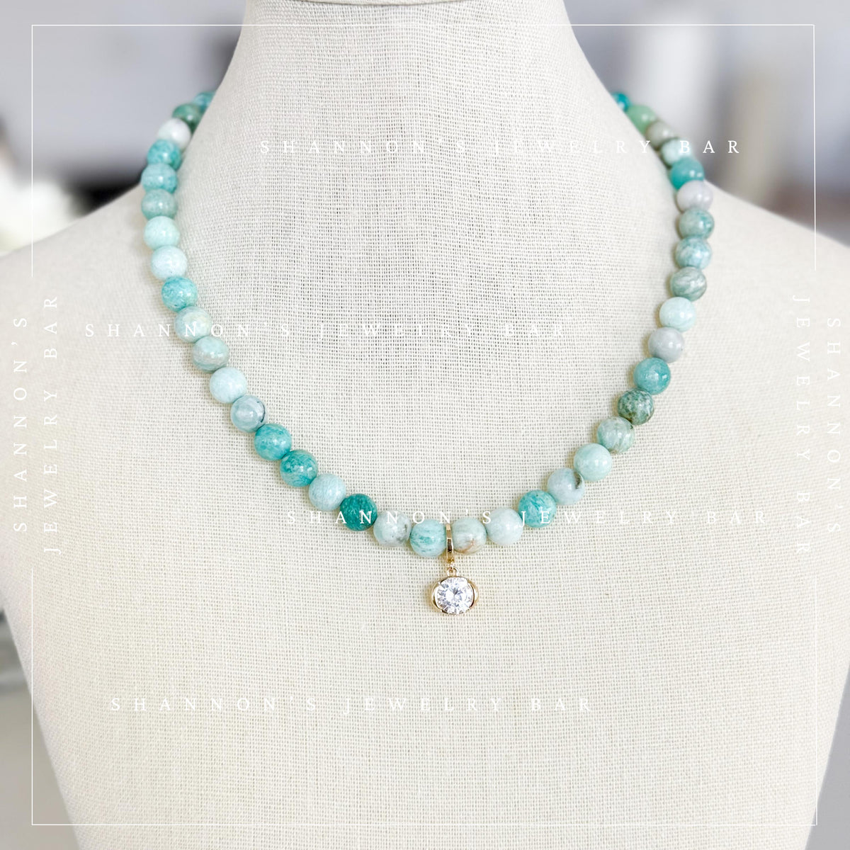 Handmade Amazonite Beaded Necklace, Blue Green Gemstone Necklace with Oval CZ Pendant, Gold Statement Jewelry, Gift for Her