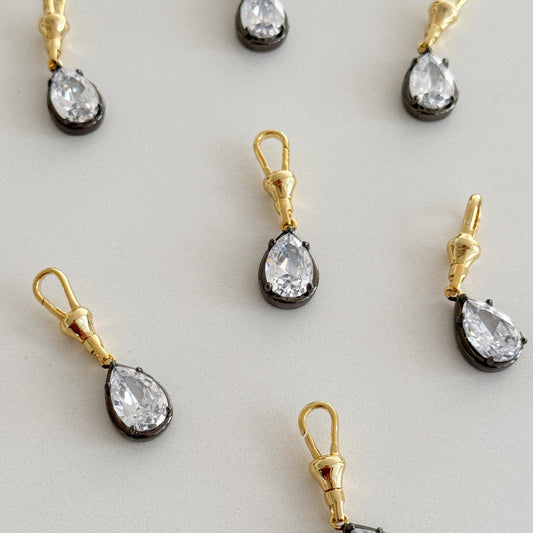 Two Tone Pear CZ Pendant Charm with Gold Clasp, Black Rhodium Silver Crystal Drop, Detachable Necklace Charm, Georgian Style Jewelry