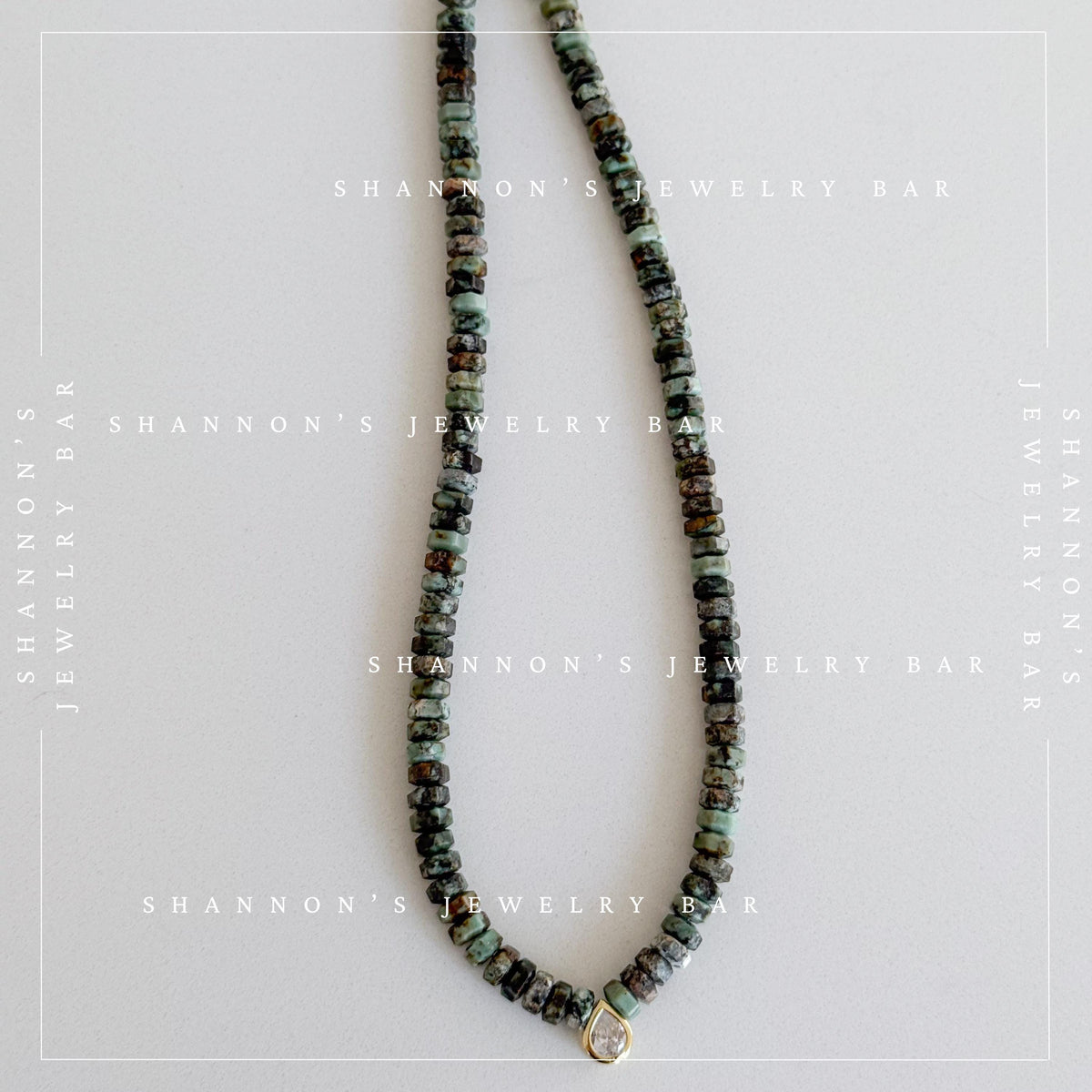 African Turquoise Jasper Necklace, Green Heishi Beads, CZ Teardrop Pendant, 18 Inch Handmade Gemstone Jewelry