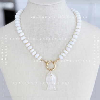 White Opal Beaded Necklace, Genuine Opal Gemstone Necklace, Gold Carabiner Charm Holder Necklace, Fish Pendant Necklace