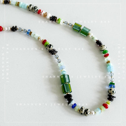 Bead Soup Necklace, Colorful Mixed Gemstone and Glass Beaded Necklace, 18 Inch One of a Kind Statement Jewelry
