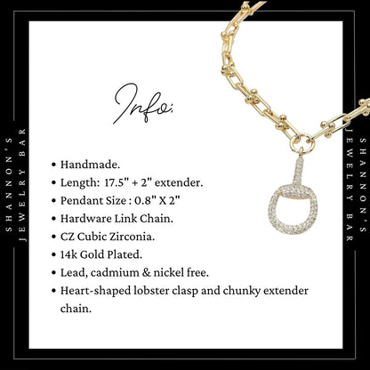 14k Gold Plated Industrial Chain Horsebit Necklace, CZ Pave Pendant Necklace, Chunky Gold Hardware Link Chain Necklace, Equestrian Jewelry,