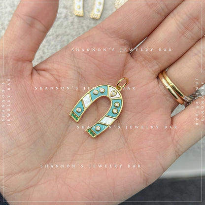 Turquoise Horseshoe Charm, Lucky Horseshoe Pendant, Western Charm Pendant, Horse Lover Jewelry, Mother of Pearl Horseshoe Charm