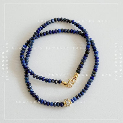Genuine Lapis Lazuli Necklace, Blue Gemstone Beaded Necklace, CZ Spinner Focal, 18K Gold Plated Jewelry, September Birthstone Gift