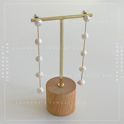 Freshwater Pearl Chain Drop Earrings - Handmade - 18K Gold Plated, Long Dangle Earrings, Bridal Pearl Earrings, Baroque Pearl Earrings