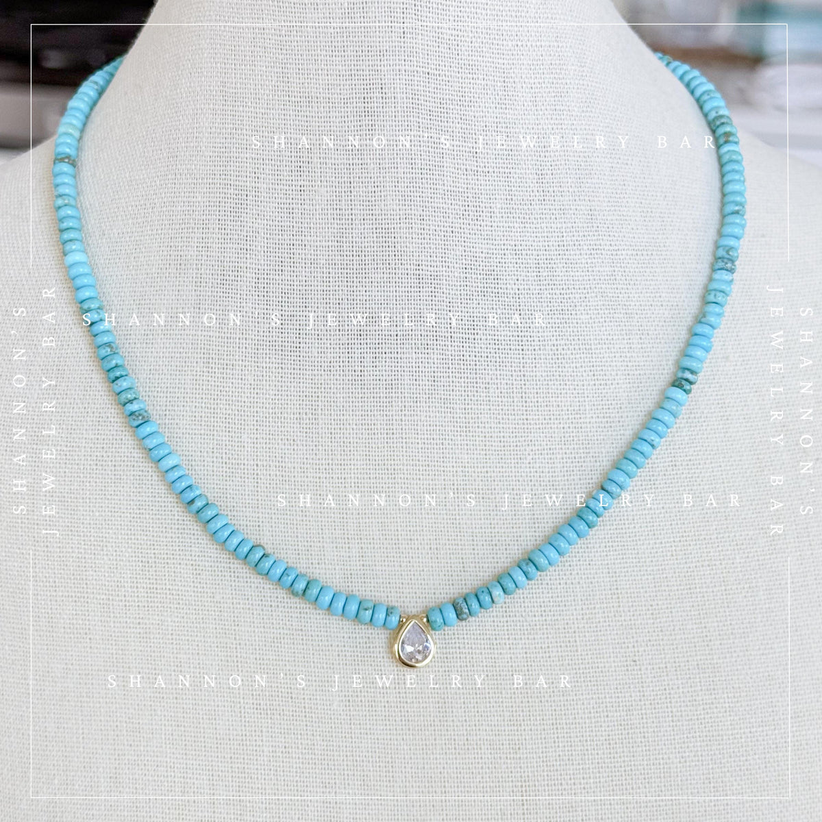 Turquoise Heishi Bead Necklace with CZ Pear Charm, Blue Stone Necklace, Gold Pendant Jewelry, 18 Inch Handmade