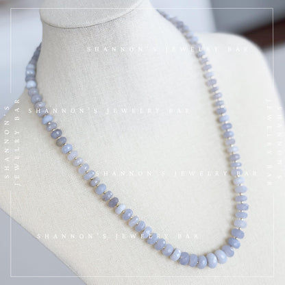 Turkish Chalcedony Necklace, Blue Gemstone Beaded Necklace, Genuine Chalcedony Jewelry, Faceted Stone Necklace, Gold Accent Necklace